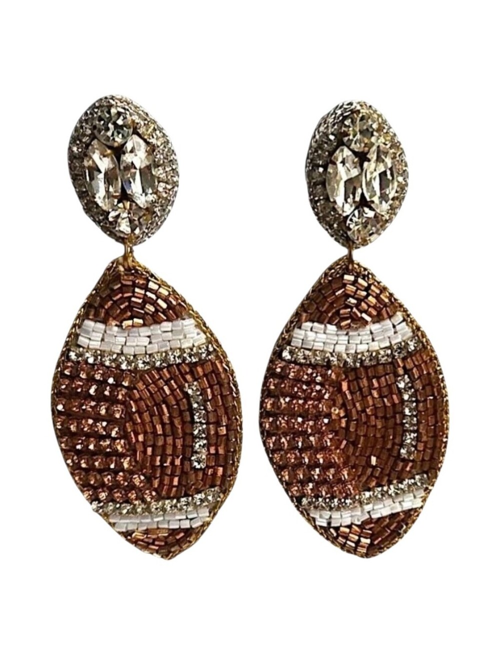 Taylor Shaye Brown Football Beaded Rhinestone Dangle Earrings 2-7/8"